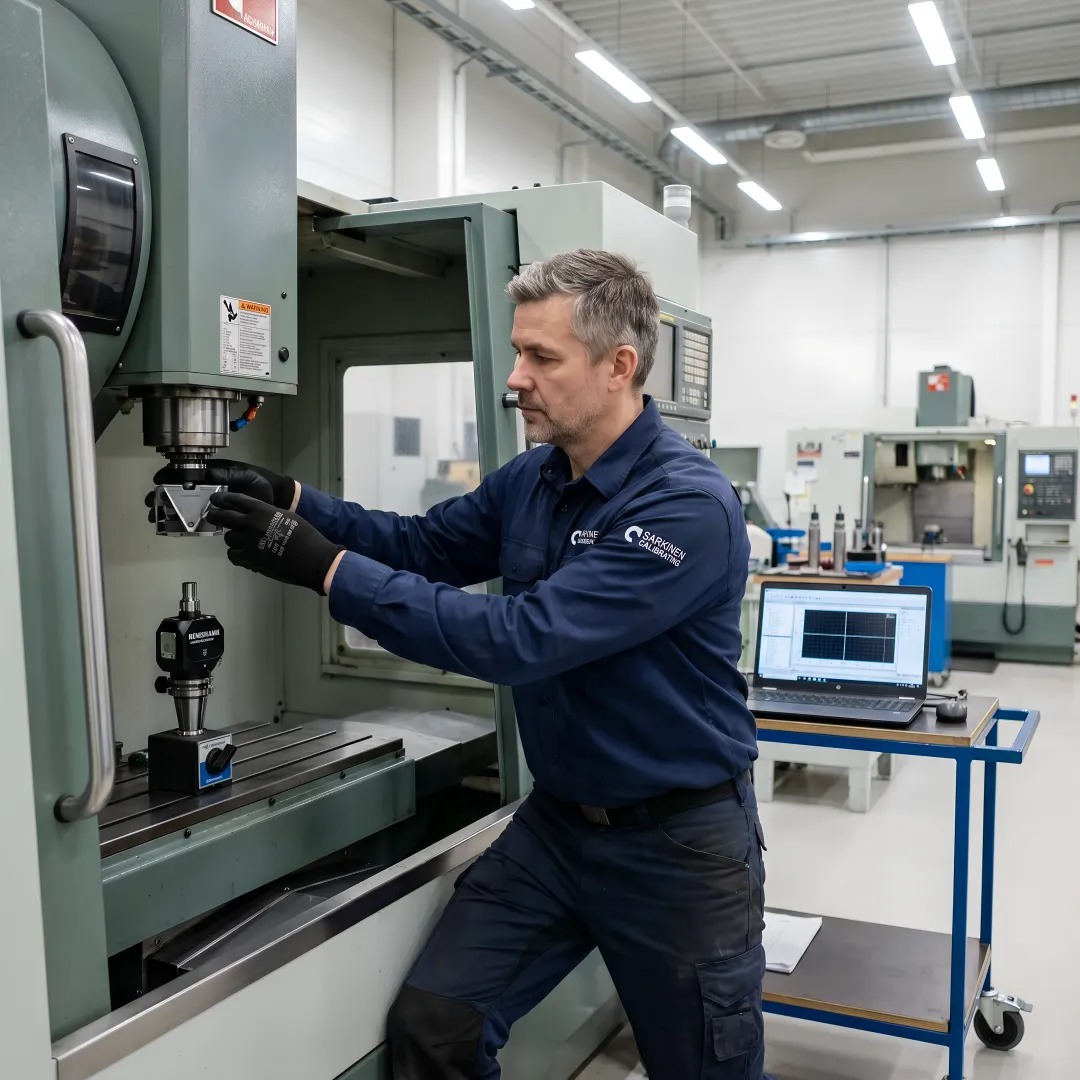 Sarkinen Calibrating technician performing precision laser interferometry measurement on an industrial CNC milling machine