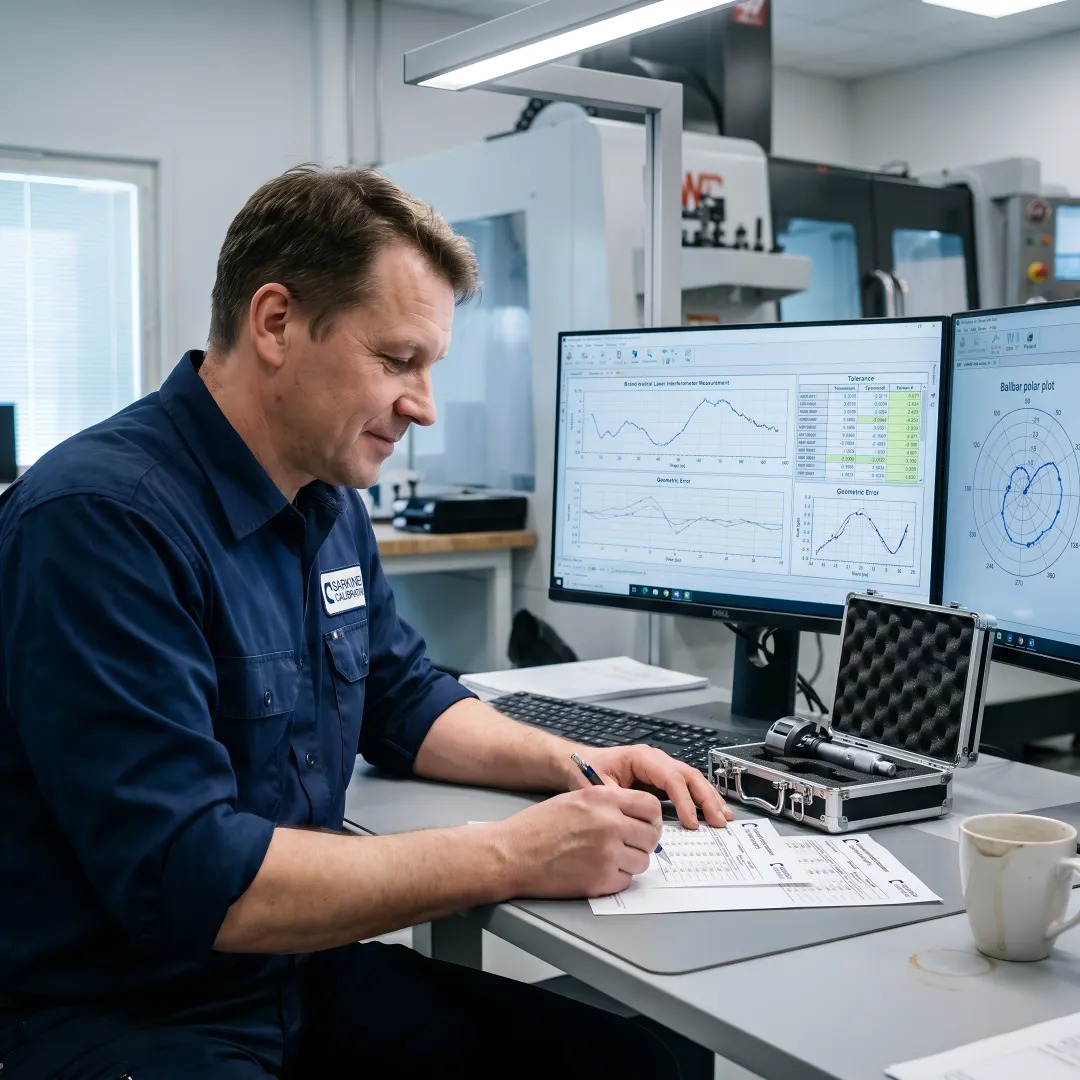 Sarkinen Calibrating technician reviewing laser interferometer and ballbar measurement reports at a CNC machine shop