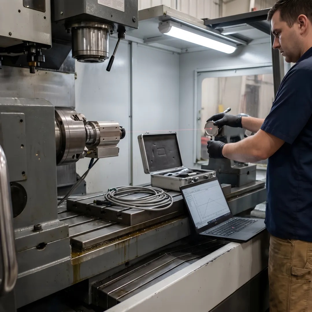 Close-up of a Renishaw laser interferometer measuring linear axis movement on a precision CNC machine