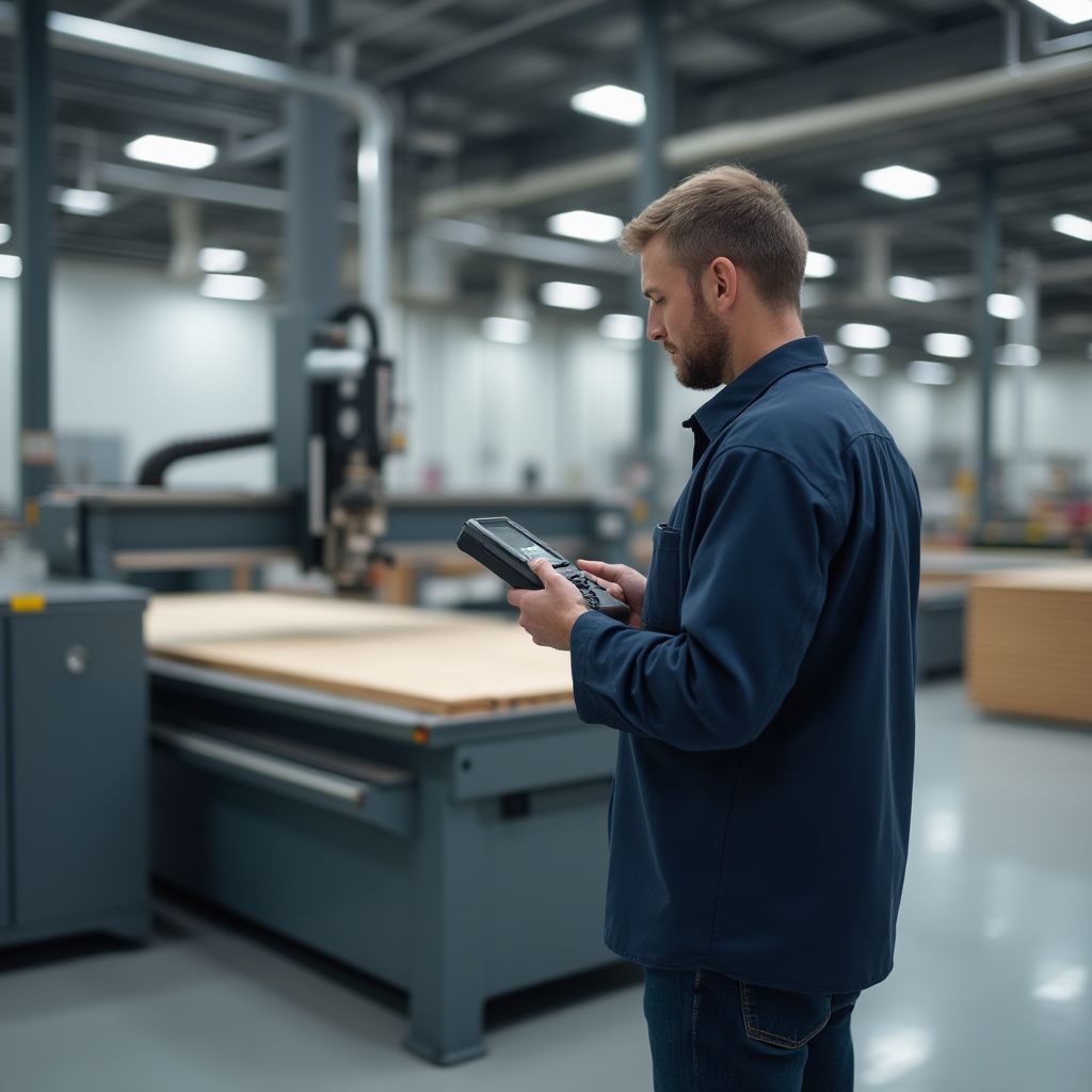 Calibration technician checking a digital measurement readout beside a large-format CNC router