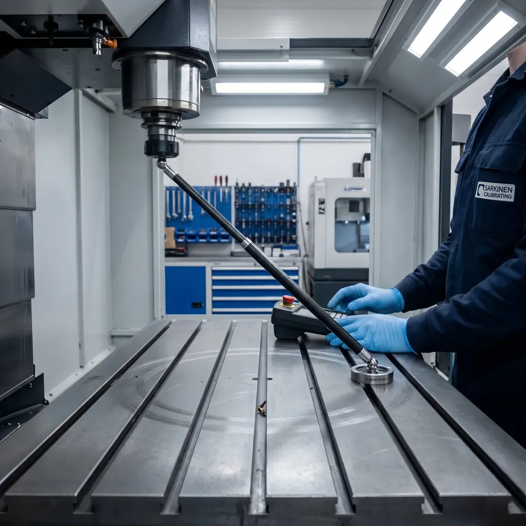 Sarkinen Calibrating technician attaching a wireless ballbar to a CNC machine spindle for condition testing