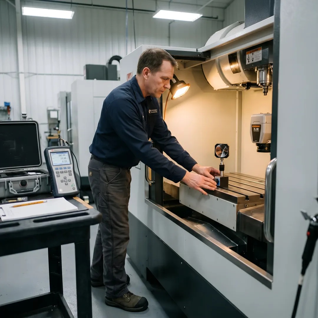 Sarkinen Calibrating technician aligning a Renishaw XL-80 laser interferometer on a CNC milling machine for linear axis calibration