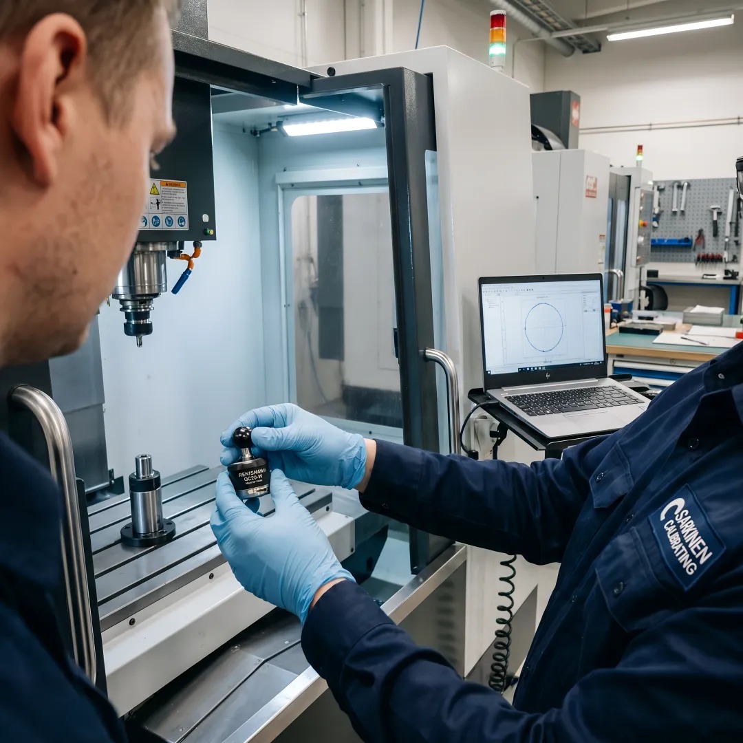 Sarkinen Calibrating technician holding a Renishaw QC20-W wireless ballbar beside a laptop showing a ballbar polar plot