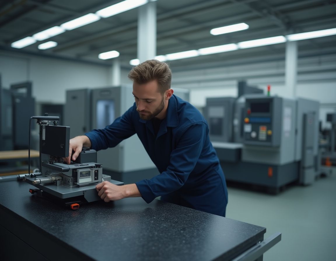 Calibration technician measuring a granite precision surface plate with a digital electronic level