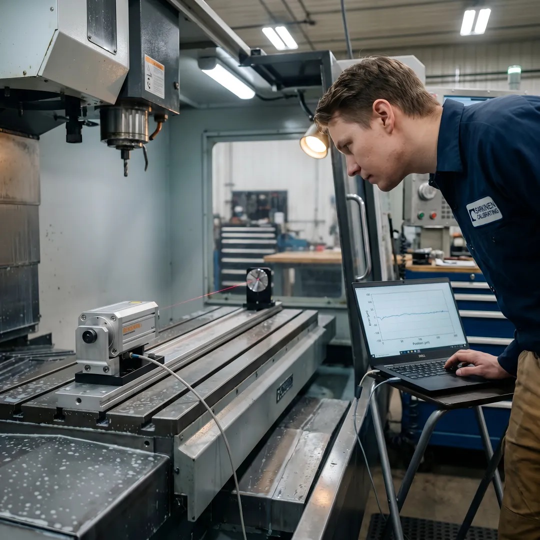 Sarkinen Calibrating technician aligning a Renishaw laser interferometer along a CNC machine axis, reading live alignment data on a laptop