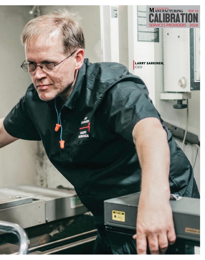 Page 13 of the feature: Larry Sarkinen working at a CNC machine, marked Top 10 Calibration Services Providers 2024