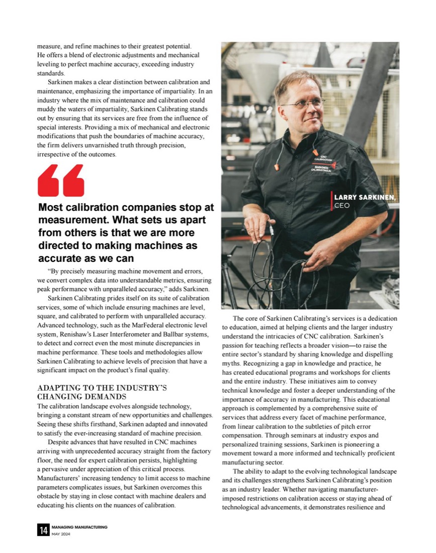 Page 14 of the feature, covering impartiality and the Mahr Federal and Renishaw instrumentation