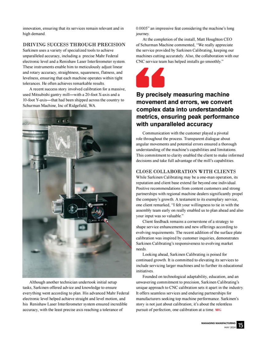 Page 15 of the feature, covering the Mitsubishi gantry mill calibration for Schurman Machine and client comments