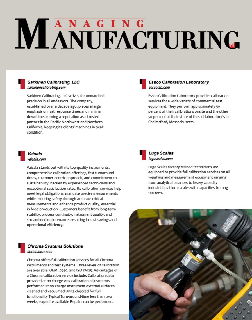Page 16 of the May 2024 issue, the Top 10 Calibration Services Providers 2024 listing with Sarkinen Calibrating listed first