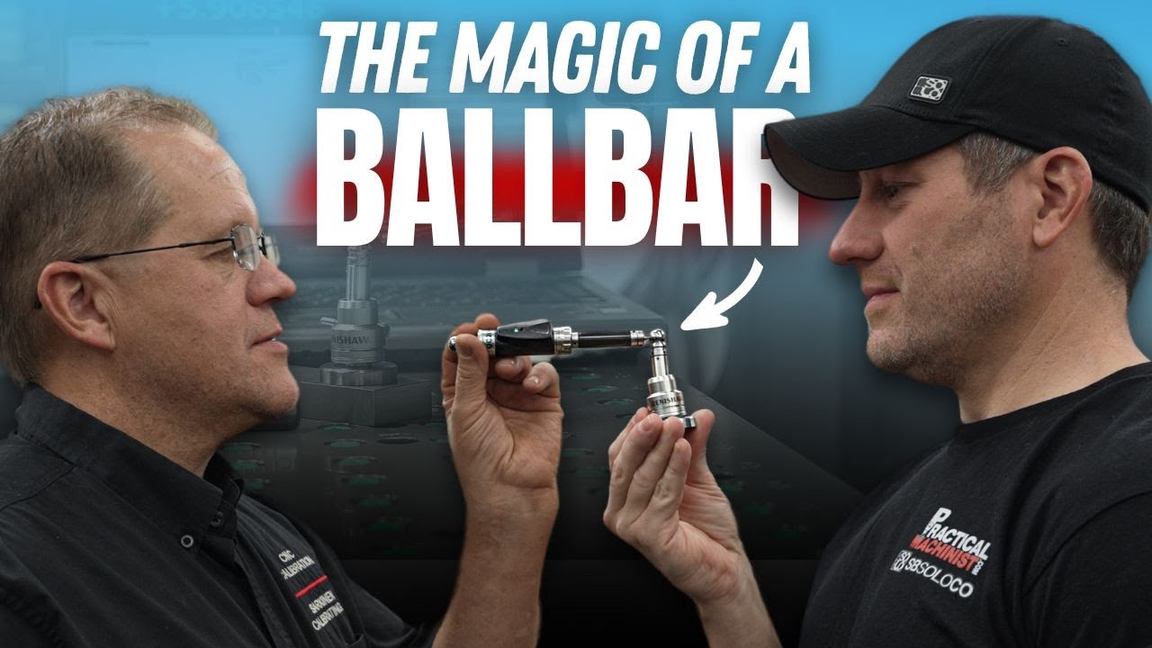 Larry Sarkinen demonstrating a Renishaw ballbar test with a CNC shop owner, from the Practical Machinist video The Magic of a Ballbar